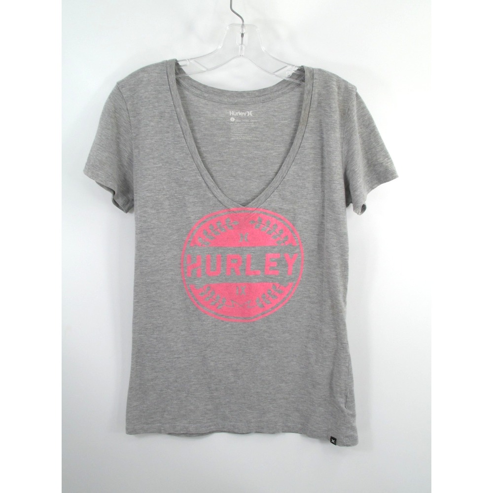 Hurley Womens Gray Pink Graphic Logo V-Neck T-Shirt Large Short Sleeve Tee